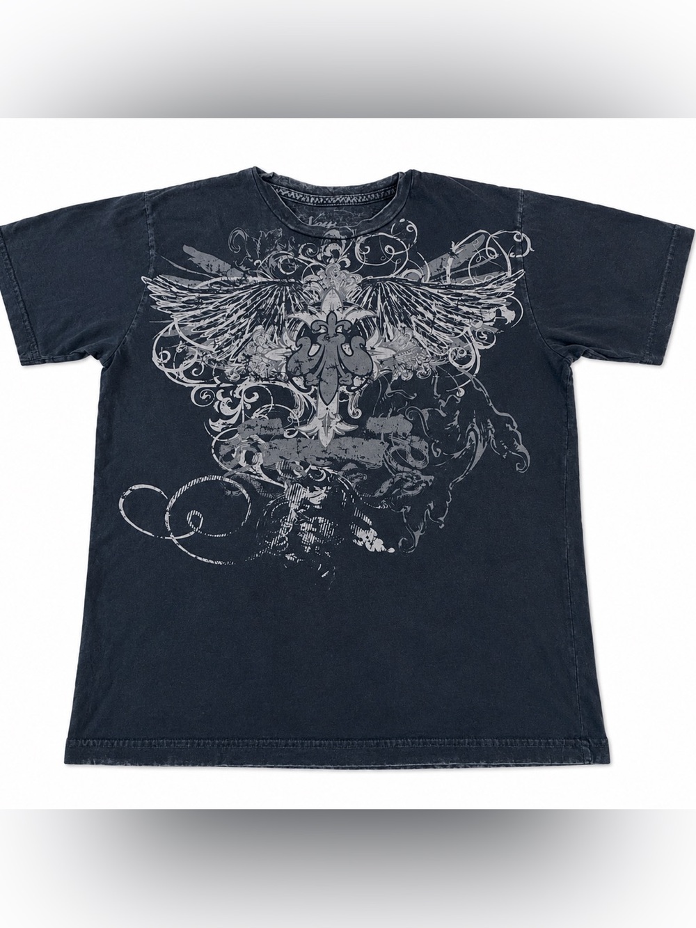 Y2K NEW VINTAGE APPAREL WINGED FLEUR DE LIS TSHIRT MENS LARGE BLACK ACID WASH